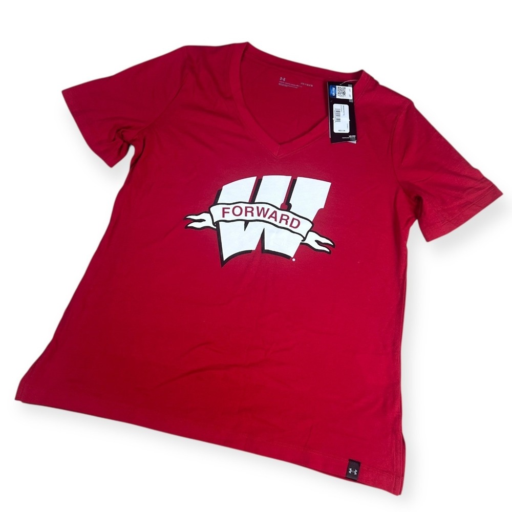 Under Armour Wisconsin Badgers Forward V Neck T Shirt Womens Medium Red Athletic